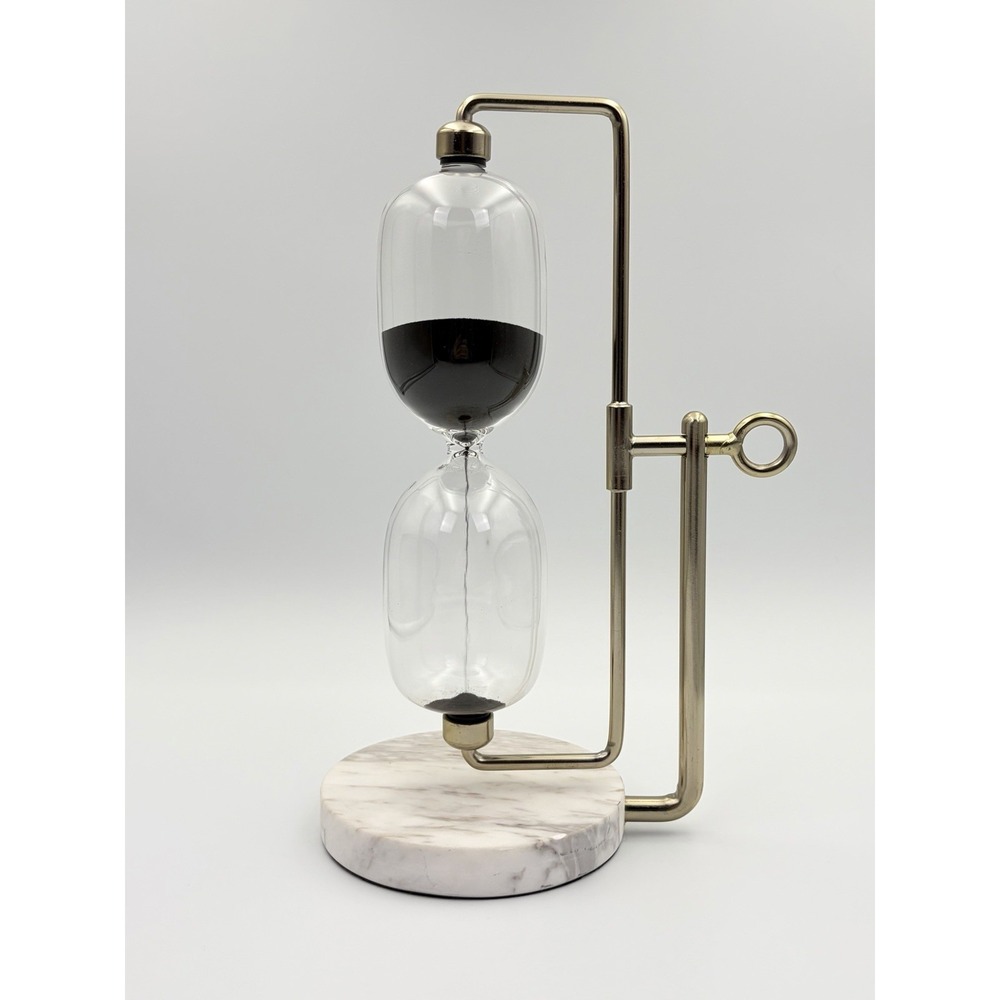Modern Brass Swivel Hourglass Sand Timer Black Sand White Marble Base 15 Min